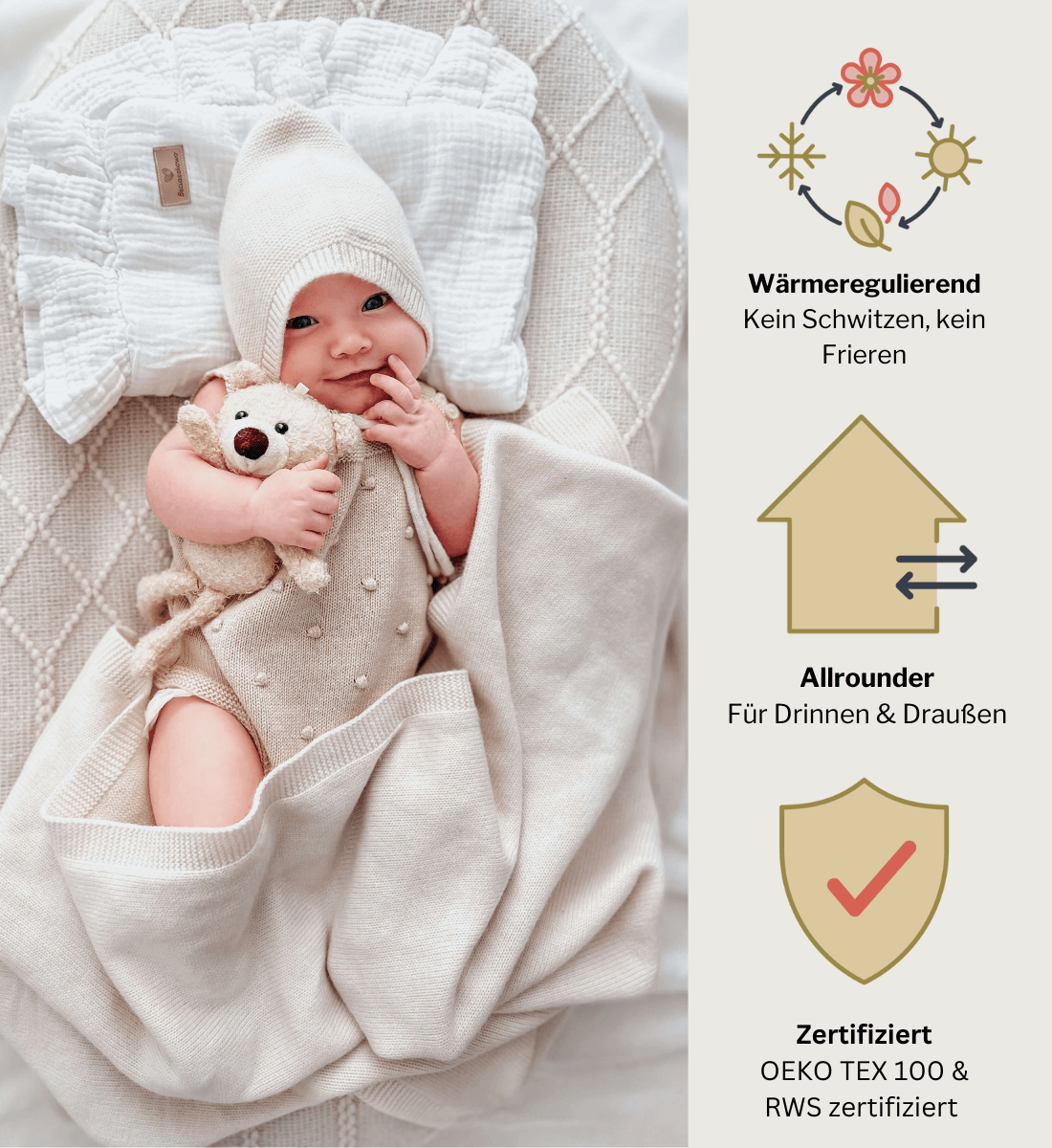 Lil' Leo Babybekleidung aus 100% Merinowolle Babydecke Babyschuhe Babymütze Dreieckstuch